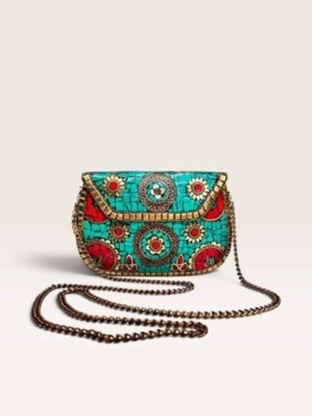 Antik Kraft Amoli Mosaic Stone Metal Clutch Crossbody Bag Turquoise Red Gold Goo